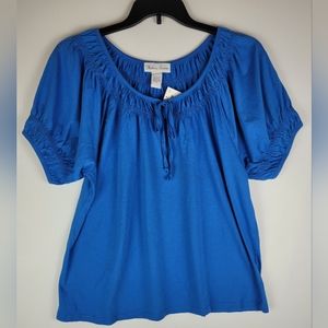 Fashion Avenue Cotton Blue Balloon Sleeve Peasant Prairie Top Women Size XL
